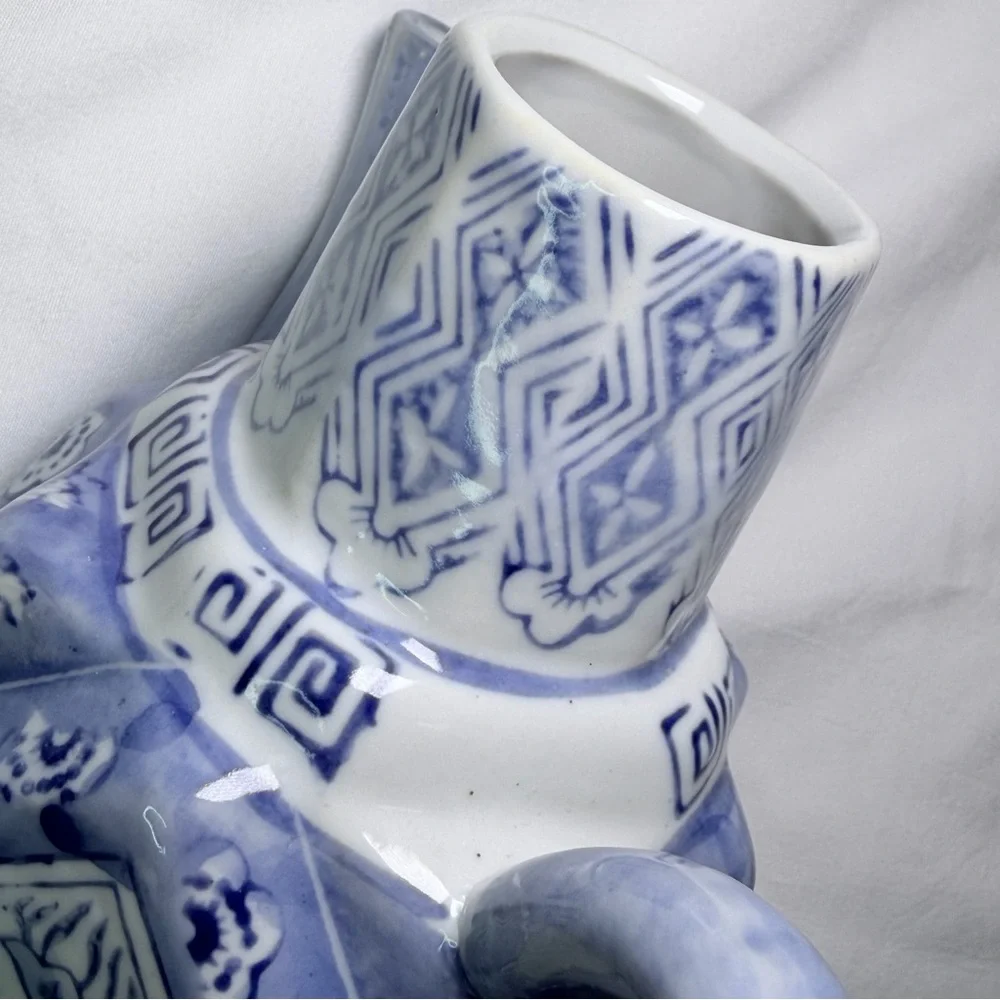 Vintage Porcelain Blue White Hexagon Chinese Teapot Chinoiserie Retro Home Decor